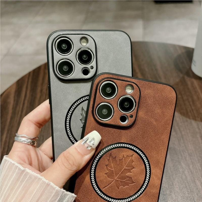 Luxury For Magsafe Wireless Charge Leather Case for iPhone 15 14 Plus 13 12 11 Pro X XR Xs Max Maple Leaf Pattern Magnetic Cover