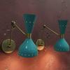 Handmade 1950s Ludo Italian Diabolo Style Mid-Century Modern Brass Blue Wall Sconce Lamp Pair Adjustable Reading Light Fixture