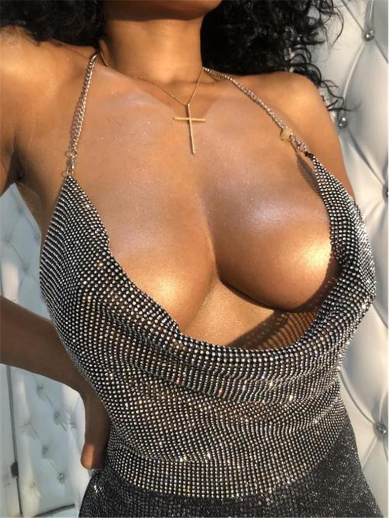 European & American Fashion Rhinestone Chain Strap Deep V Backless Crop Top
