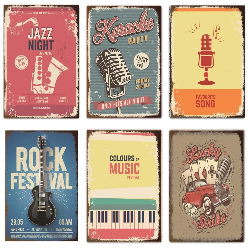 Vintage Tin Signs Decor Rock Music Metal Posters Retro Guitar Rock Party Metal Plates Room Wall Art for Bar Pub Club