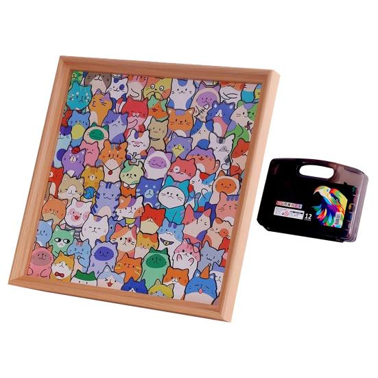 Yousheng Cartoon Cat Wooden Coloring Puzzle Kit with Photo Frame Marker Pens DIY Hand-Painted Irregular Jigsaw Puzzle Toy Decoration Ornament