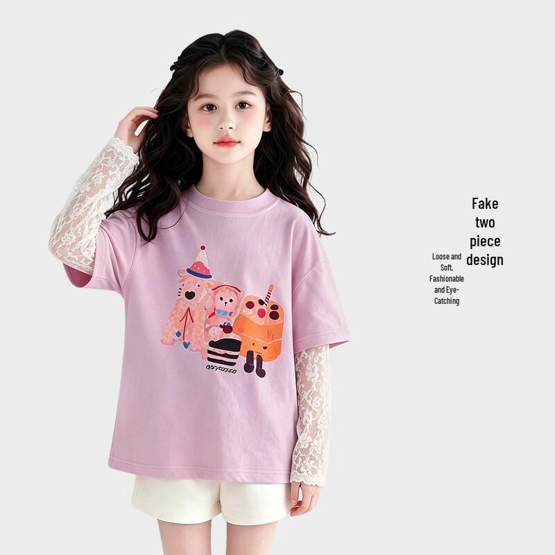 Girls' Cotton Long-Sleeve Lace Detail Faux-Layered T-Shirt