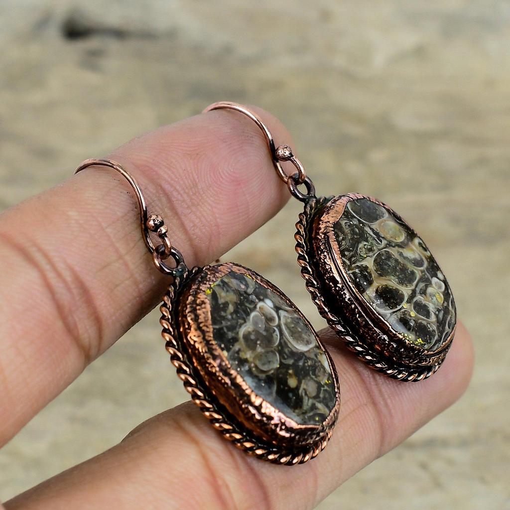 Turritella Agate Earring Electroformed Copper Earrings Antique Jewelry Real Gemstone Earrings Gifts For Wife Handmade Electroformed Jewelry
