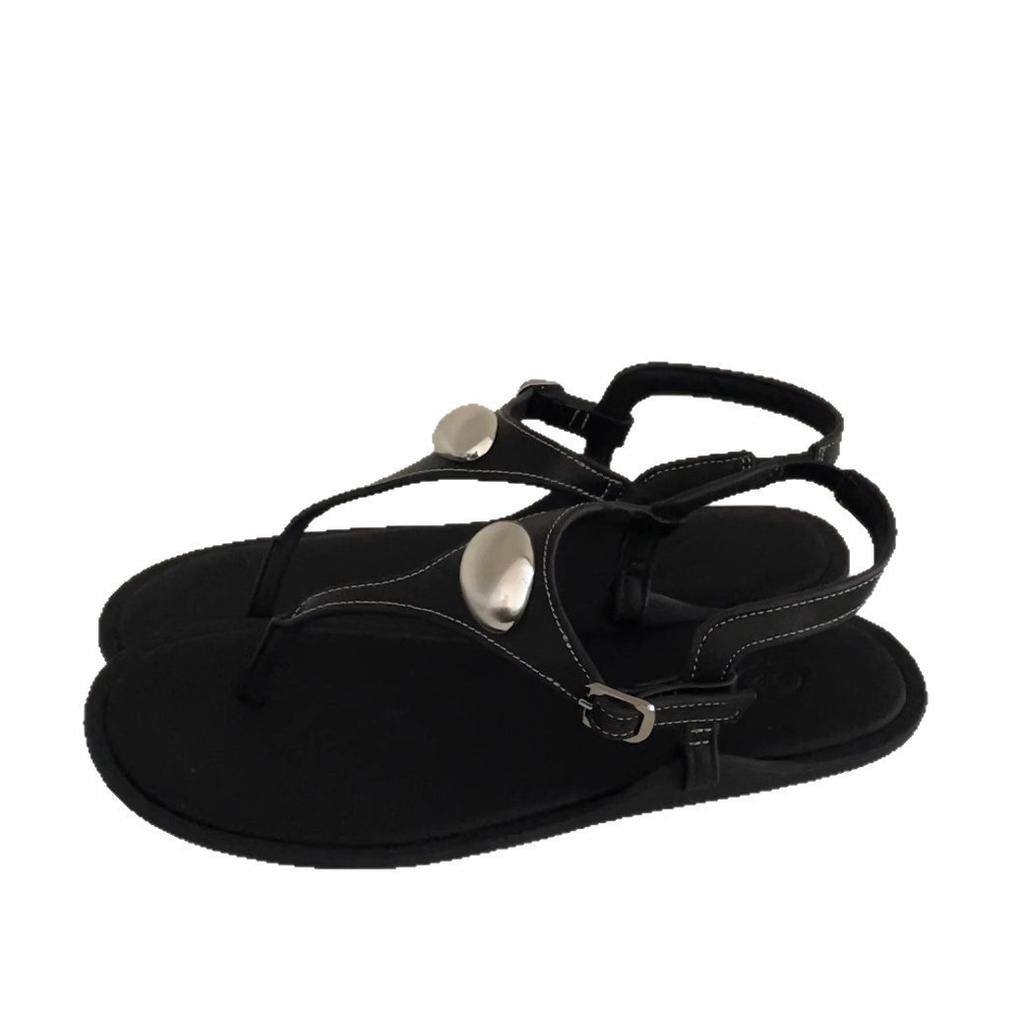 Sheepskin Version~ Niche Design Sense Small Silver Egg Soft Leather Sandals Women's Versatile Flat-bottomed Herringbone Toe Cool Slippers Outside