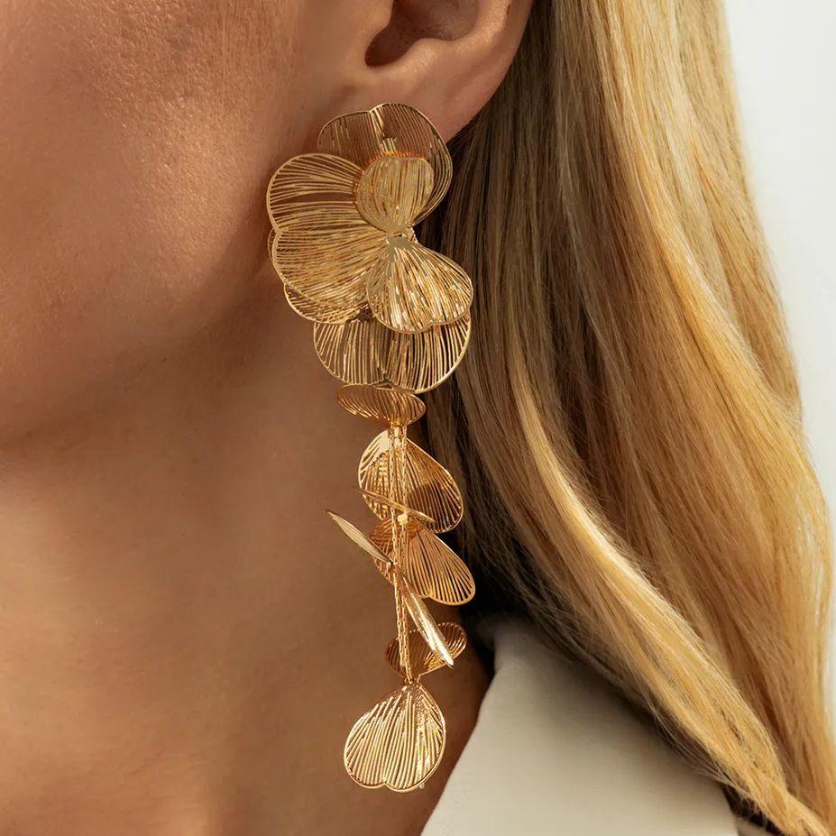 Salircon Exquisite Gold Color Ginkgo Leaf Tassel Drop Earring Women Exaggerated Metal Earring Trendy Wedding Jewelry Accessories