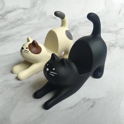 Söt Lat Fäste Kattform Harts Telefonhållare Skrivbordsställ Fixering Mini Portabel Multifunktionell Hållare på Bil eller Skrivbord Dekorat