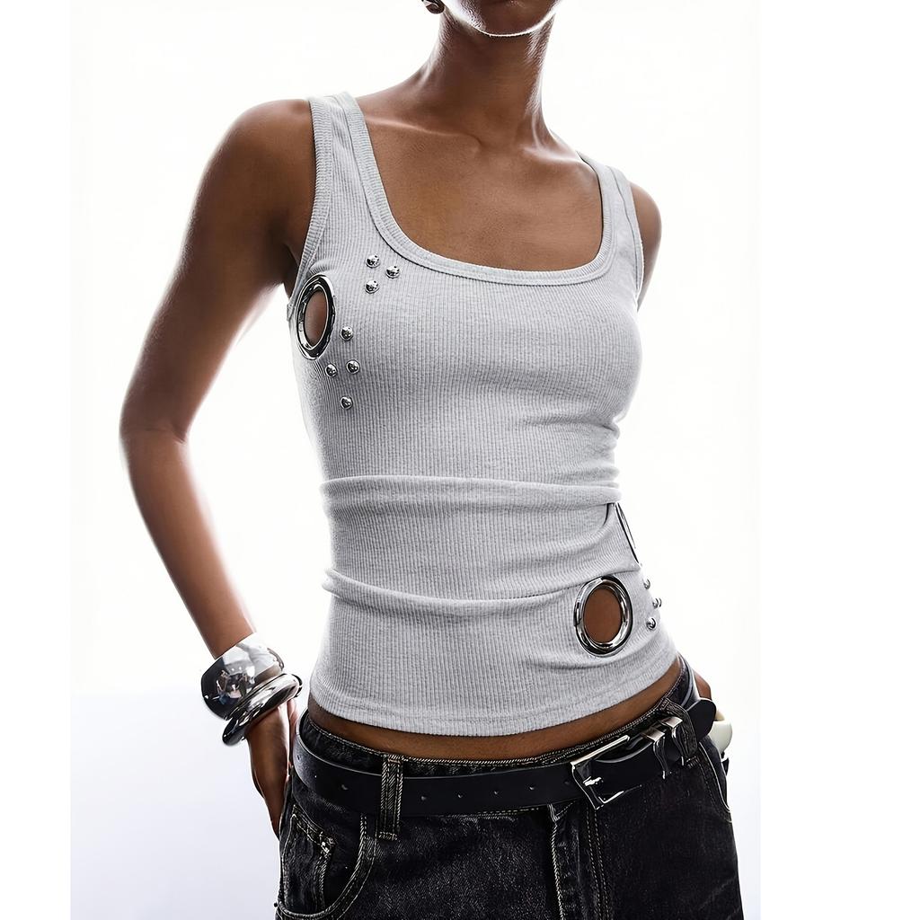 Women Sleeveless Tank Top Pullover Ribbed Knit Casual Summer Vest with Metal Ring Studded Detail Slim Fit