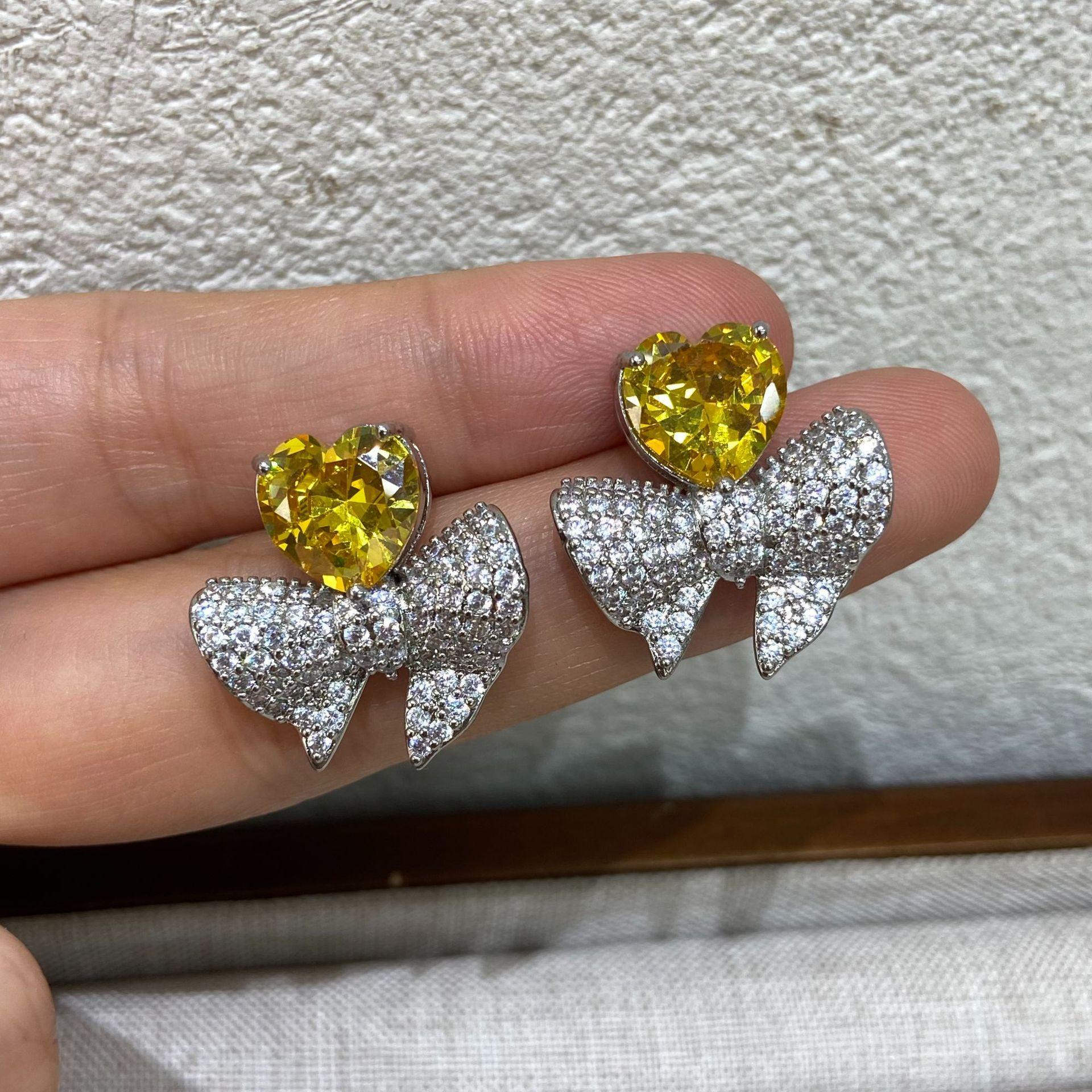 Sweet Cool Blue Love Zircon Stud Earrings Design Sense Personality Full Zirconium Bow High Sense Sweet Earrings
