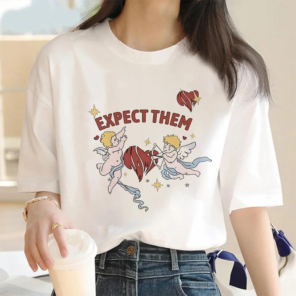 

Romantic Love Core Graphic Tshirt Women Cute Cherub Cupid Daisy Print Casual Short Sleeve Tee Soft Inspired Streetwear Top S