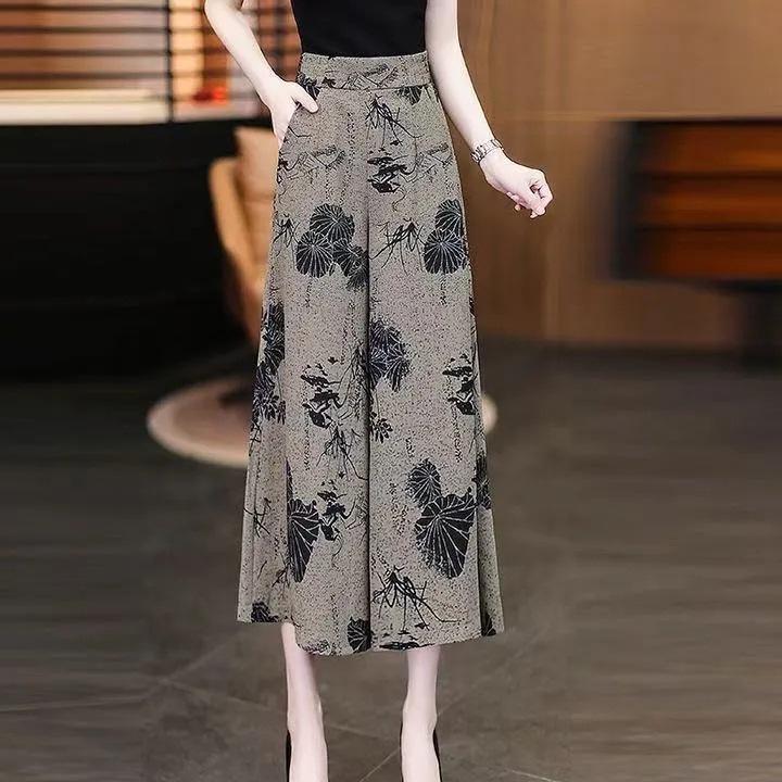 Plus Size Women's Chinese Style Printed Skirt-Pants - Summer Loose Slimming Seven-Point Pants