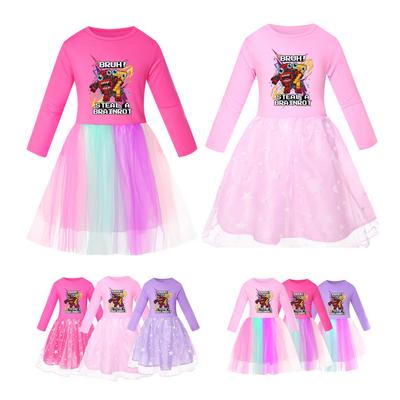 5227 Kinder Mädchen Steal a Brainrot 67 Six Seven Print Mesh Regenbogen Rundhals Lässig Lässig Baumwollkleid
