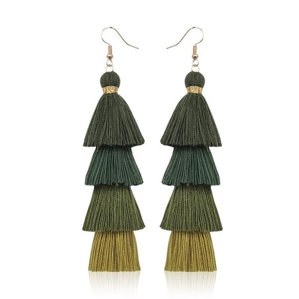 Dark Green Silk Fringe Tassel Bohemian Dangle Drop Statement Fashion Earrings #963
