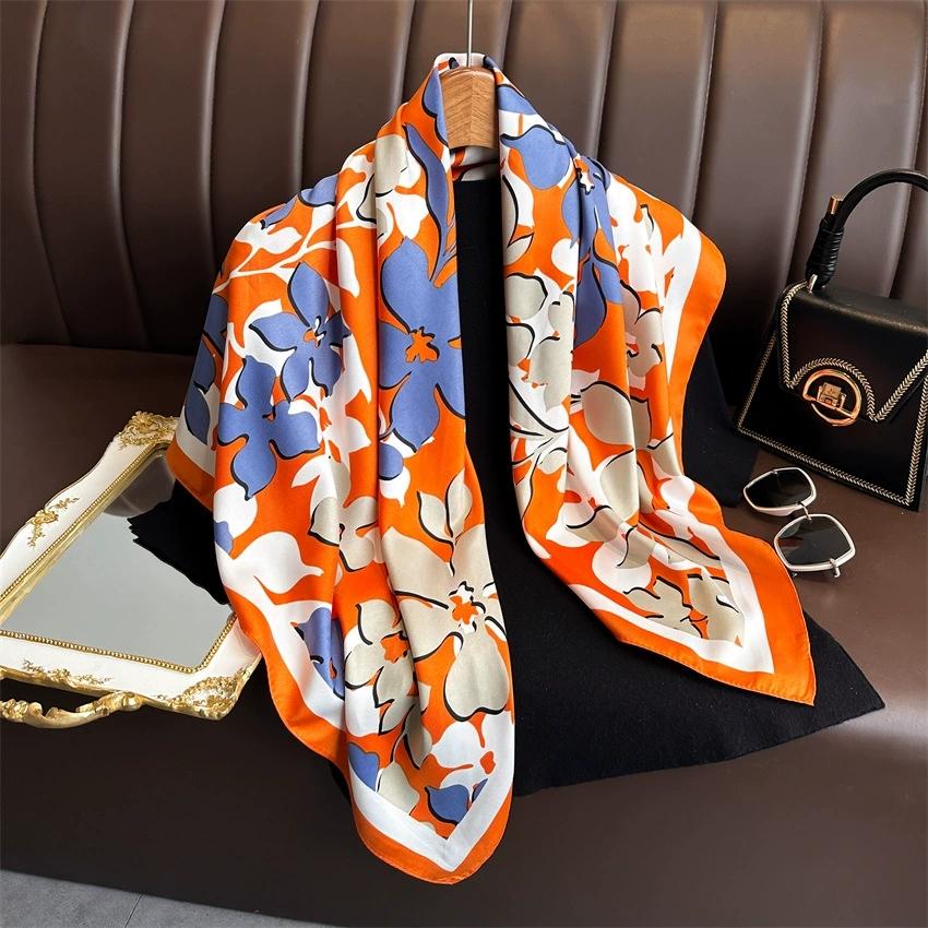 90Cm Luxury Fancy Square Scarf For Ladies Flower Print Silk Scarf Women Bandana Large Hijab Female Shawl Scarves Warps