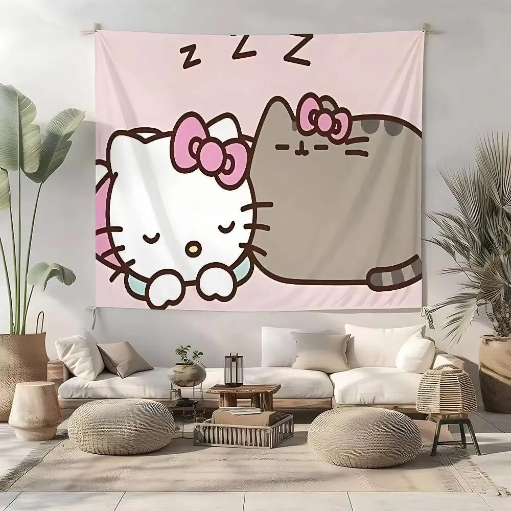 Sanrio Hello Kitty and Cat Cartoon Print Tapestry Bedroom Decoration Celebration Background Design Kawaii Anime Home Decoration