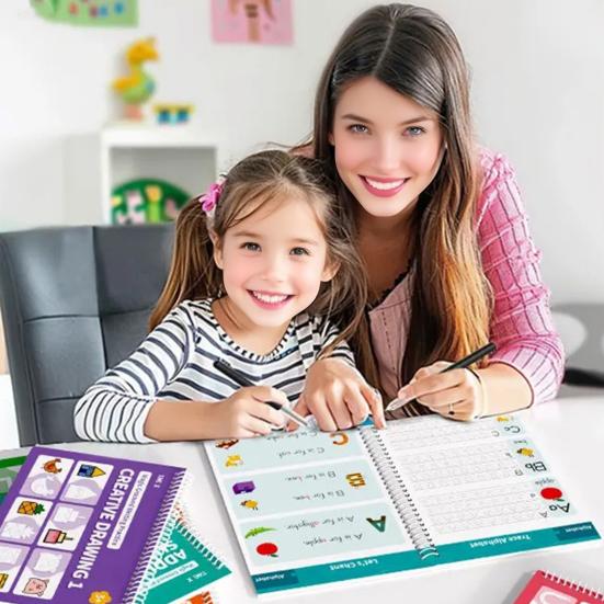 Grooved Writing Practice Book with Pens Refills Pencil Gripper Reusable Kids Handwriting Practice Workbooks Alphabet Tracing Learning Book