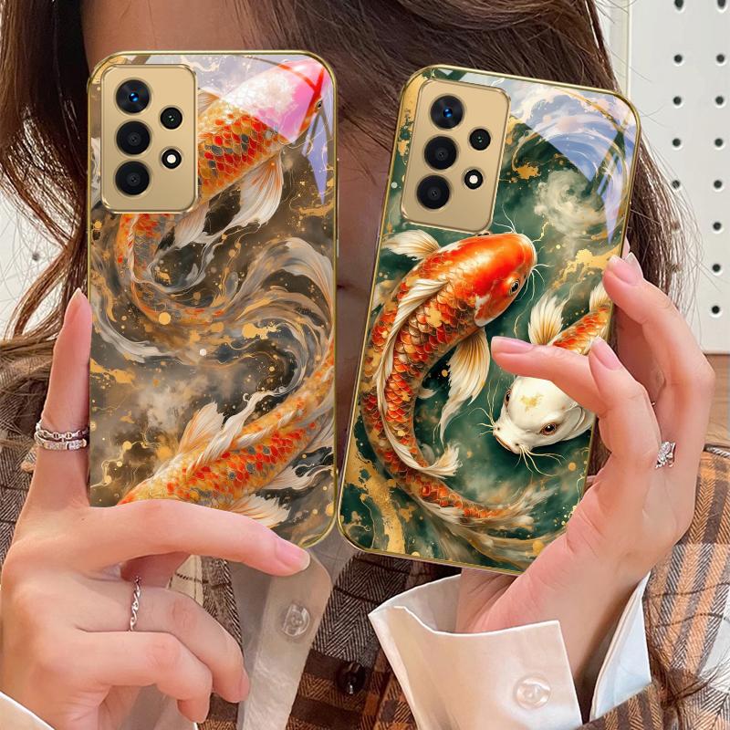 Lucky Orange Golden Koi For Samsung A73 A72 A71 A42 A56 A55 A54 A53 A52s A52 A51 A36 A35 A34 A33 A32 A16 Golden Glass Phone Case