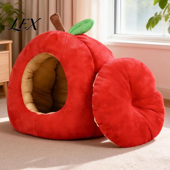 Weihnachtsgeschenk für Haustierbesitzer Apfelförmiges Katzenhöhlenbett, Plüsch-Versteck mit abnehmbarem Kissen, Warmes Neujahrs-Dekorationsbett, Gemütlich für kleine Hunde