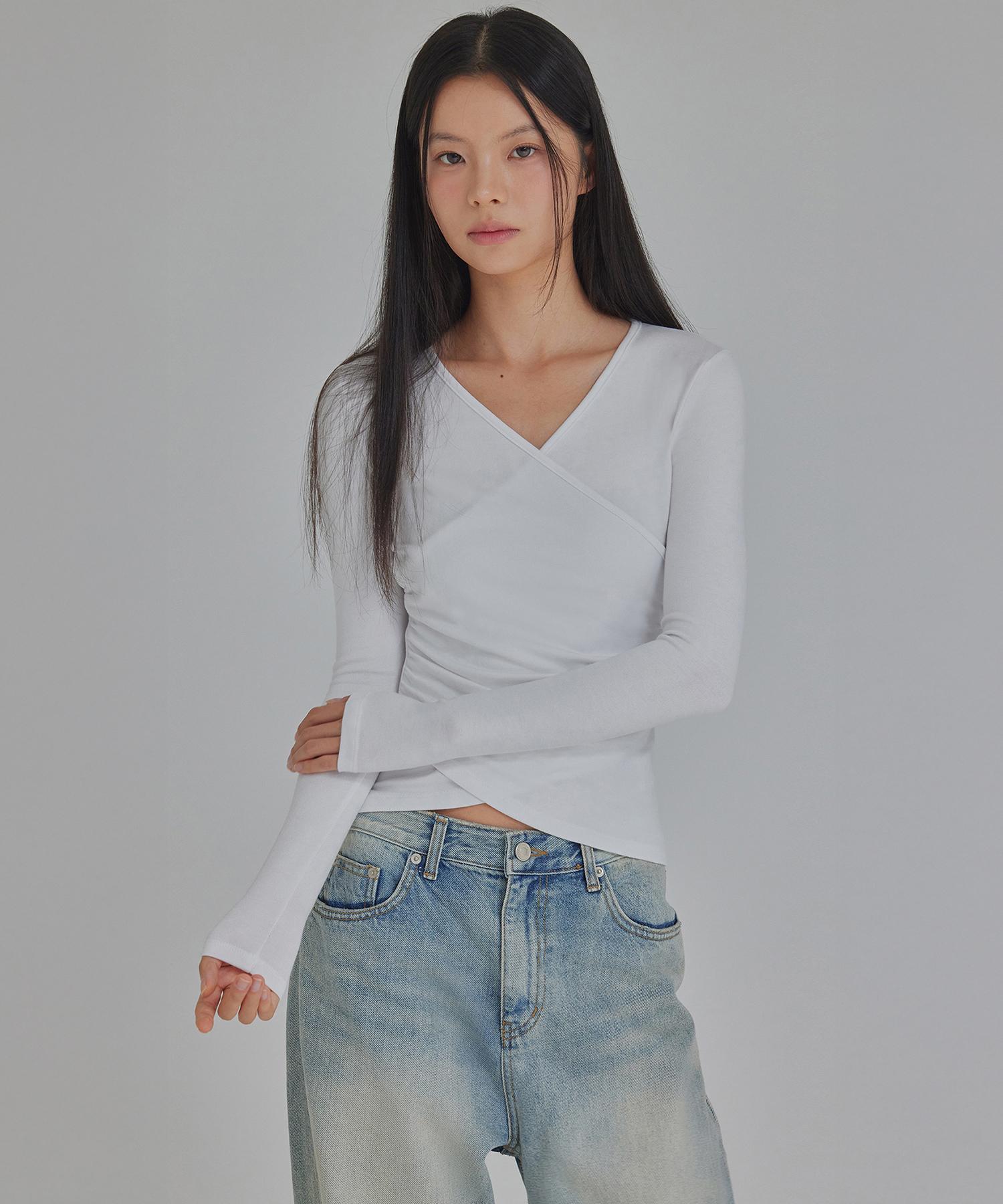 Top Girl Overlap Shirring Long Sleeve Top_T316Tp103 Blue/Xs-S