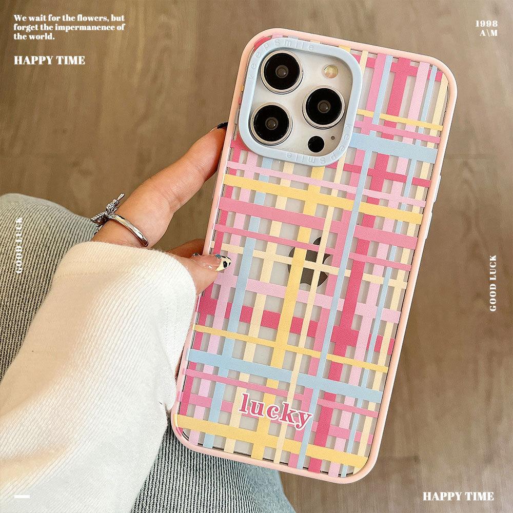 Colorful Plaid Contrast Color Suitable for IPhone16 Mobile Phone Case Apple 15 Protective Case 14pro Acrylic 13 Soft Edge