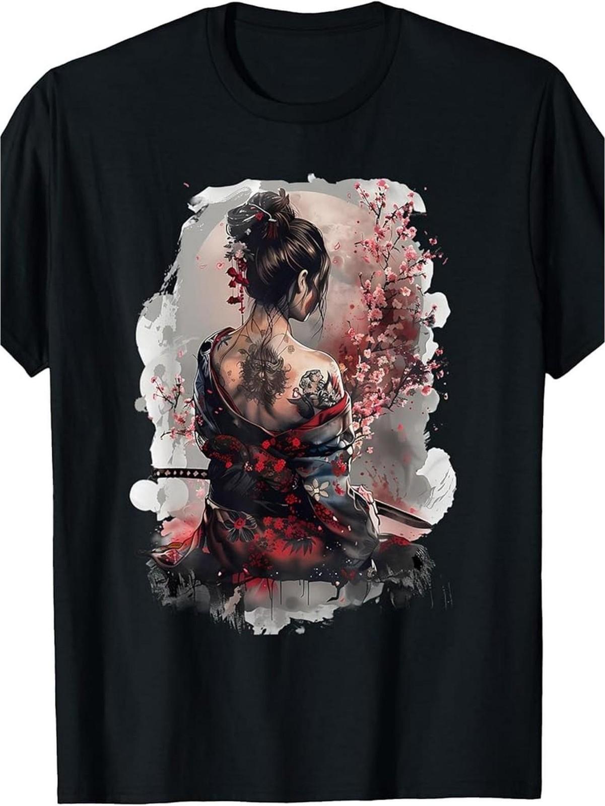 Japanese Samurai Geisha Graphic T-Shirt Sakura Anime Style Tee S