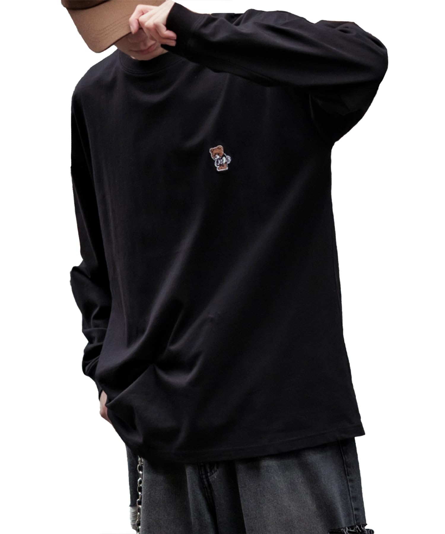 

Casual Long Sleeve Skater Bear One Point Embroidery Black [Improbes] [SIDEWAYS TANCE] T-Shirt Men s