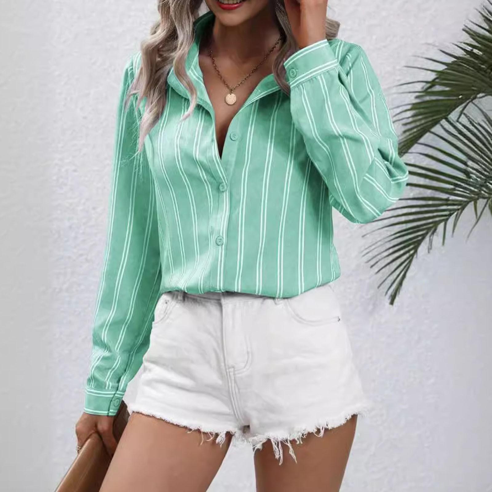 

Женская рубашка на пуговицах с V-образным вырезом в полоску, свободного кроя, с длинным рукавом, кардиган, модные повседневные топы L зелёный
