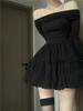 One-word Shoulder Niche Thin Short Skirt Temperament Black Design Wrinkled A-word Skirt Long-sleeved Dress Spring and Autumn Women
