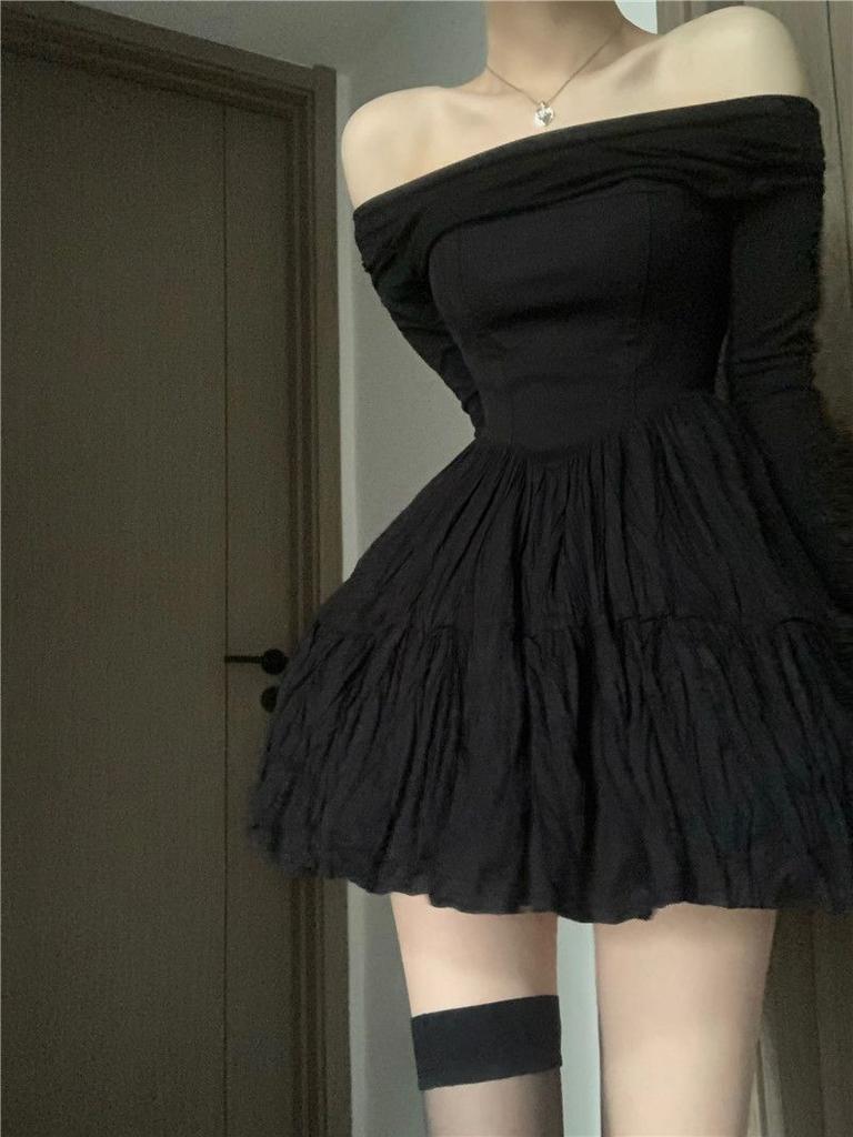 One-word Shoulder Niche Thin Short Skirt Temperament Black Design Wrinkled A-word Skirt Long-sleeved Dress Spring and Autumn Women