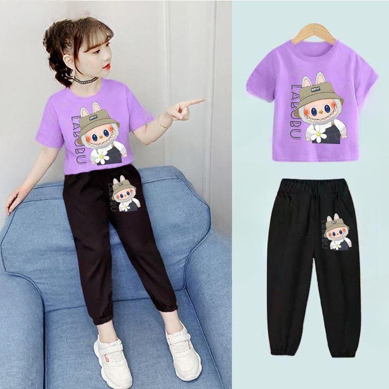 

Комплект футболок с коротким рукавом из чистого хлопка для девочек, Детский модный комплект из двух предметов 150