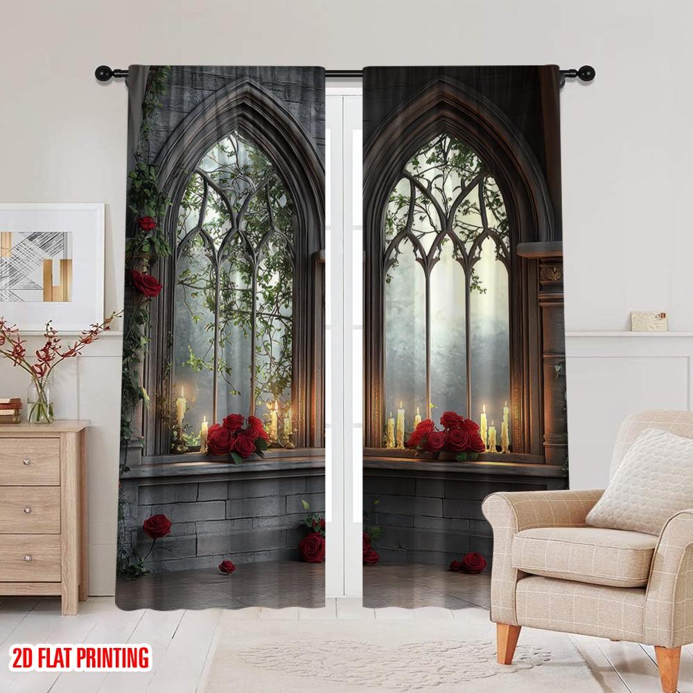 2D flat printing 2pcs Window Curtains Gothic Red Rose Flowers Polyester  Without Electricity Festive Backdrops Suitable for