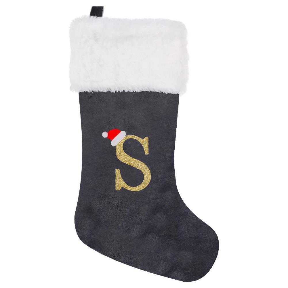 2026 Christmas Decorations: Grey Velvet Embroidery Letter Stocking Gift Bag