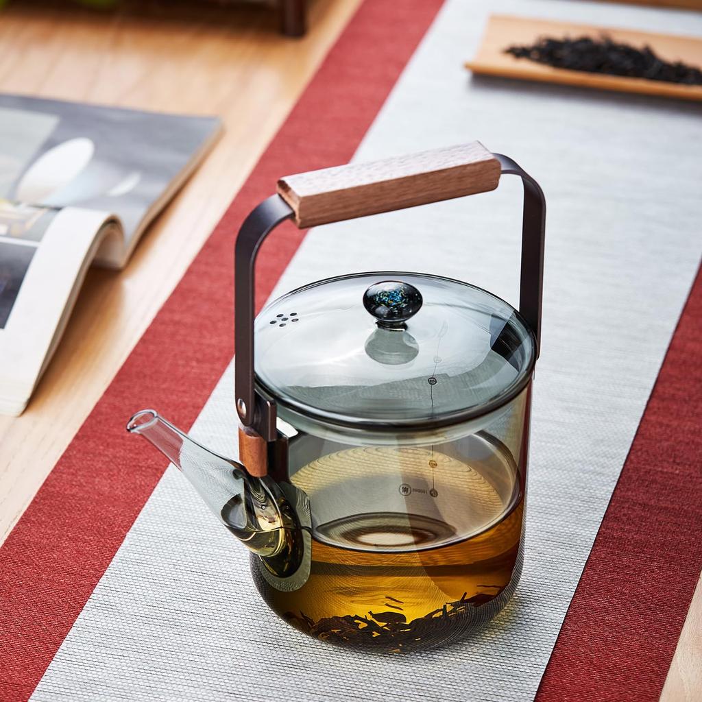 Pokaro Tea Glass Design with Wooden Transparent Teapot for Black Green Craft and Herbal Perfect for Hot Water and Gifts Heat-Resistant Teapot, 1100ml,