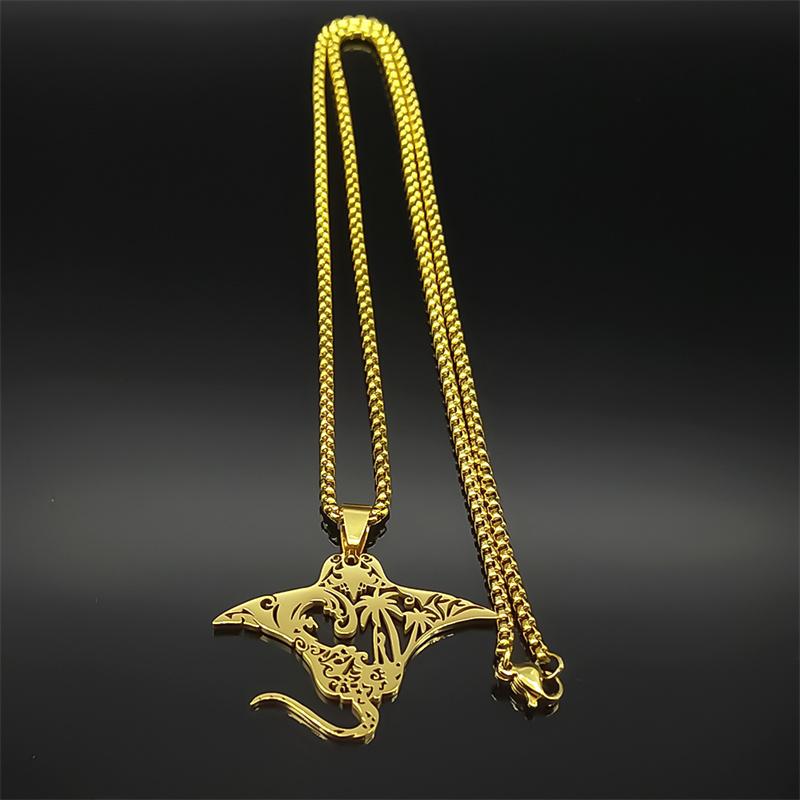 Hollow Manta Ray Sea Devil Fish Necklace For Women Men Stainless Steel Gold Color Coconut Tree Tropical Marine Scenery Jewelry