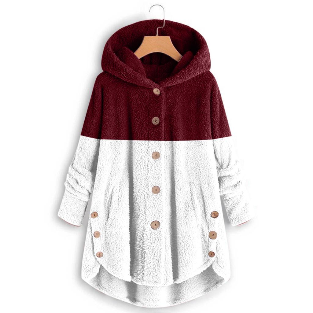 Women's Fashionable Patchwork Loose Hooded Plush Button Long Sleeved Loose Warm Jacket