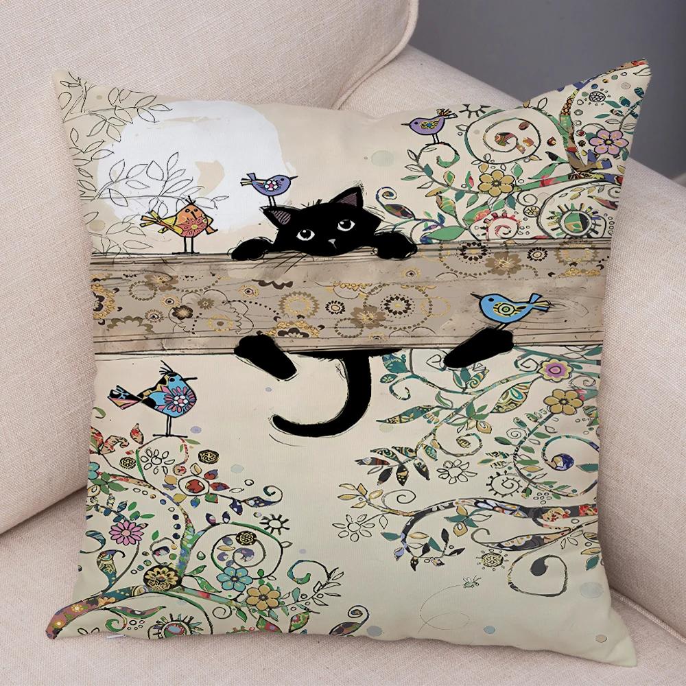 Double Print Cute Elegant Black Cat Cushion Cover Decor Cartoon Animal Pillow Case for Sofa Home Car Soft Plush Throw Pillowcase