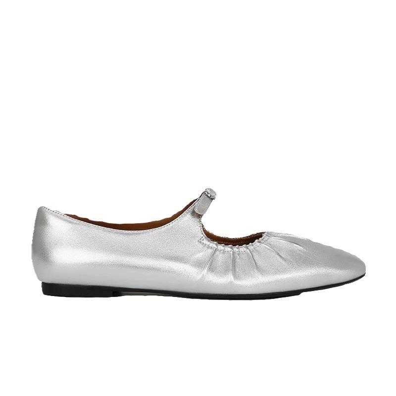 

~ Inner height increase Mary Jane shoes new leather pleated flat ballet shoes women 40