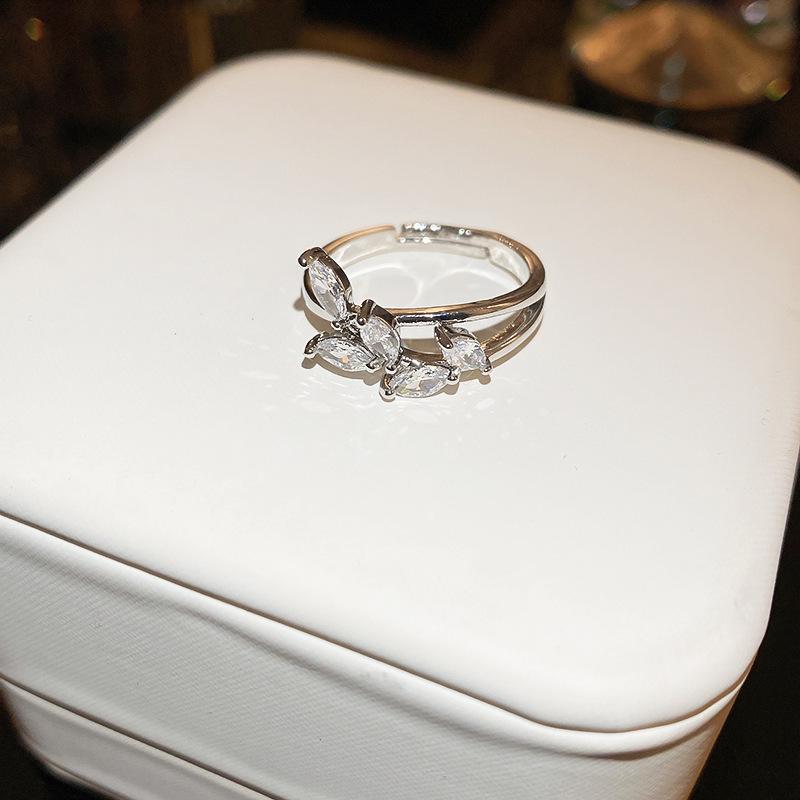 Women's Adjustable Leaf Cross Ring with Micro-Inlaid Zircon