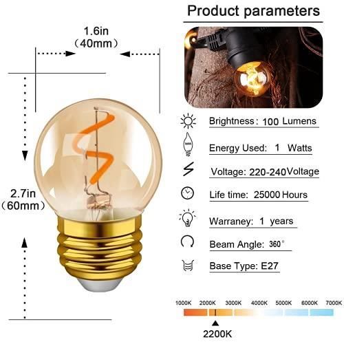Hcnew g40 e27 led ampoule à filament edison rétro mini globe 1w ampoule à filament en spirale en verre ambre 230v pour guirlandes