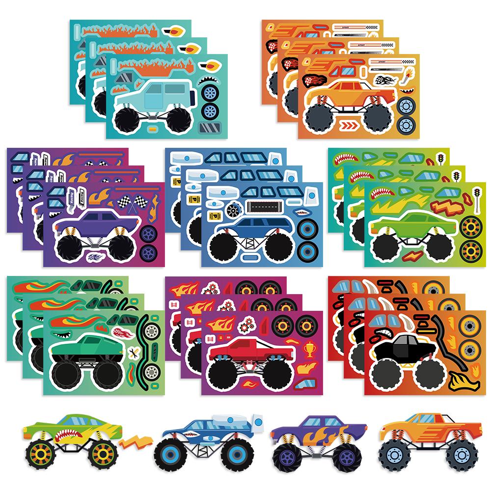 81624Pcs Make A Face Monster Truck Diy Puzzle Stickers Cool Off-Road Vehicle Decals Kids Diy Assemble Jigsaw Party Decoration