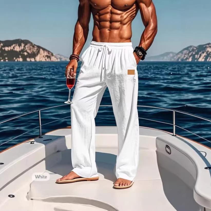Cotton and linen pants drawstring casual straight pants plain comfortable breathable full length outdoor vacation beach vacation fashion