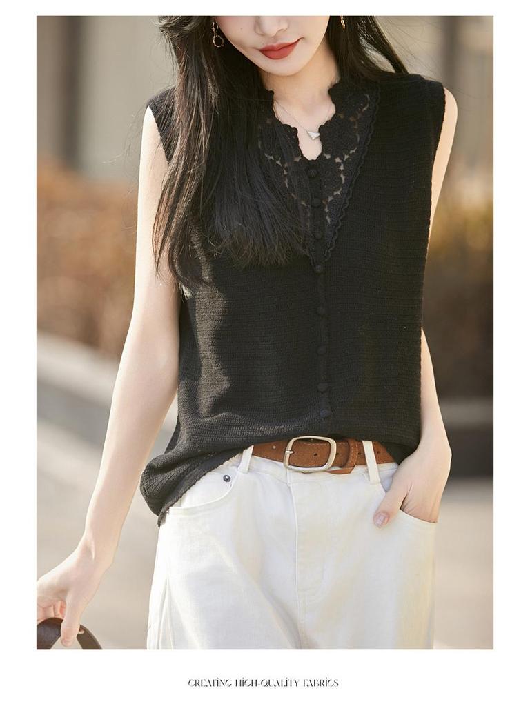 2026 Spring/Summer Women's Silk Wool V-Neck Sleeveless Knit Vest with Hollow Crochet Design