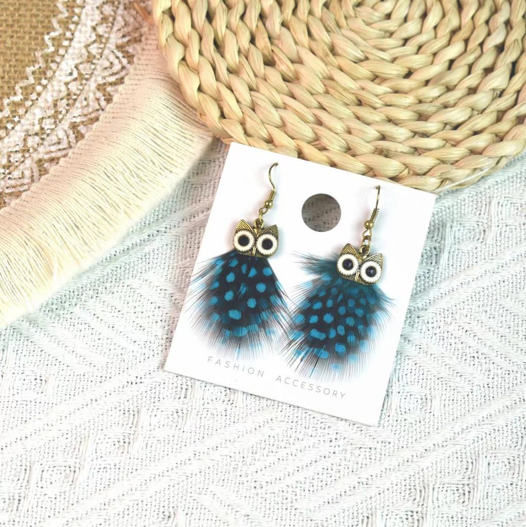 Vintage Cartoon Owl Peacock Feather Long Tassel Earrings Bohemian Ethnic Vacation Jewelry For Women