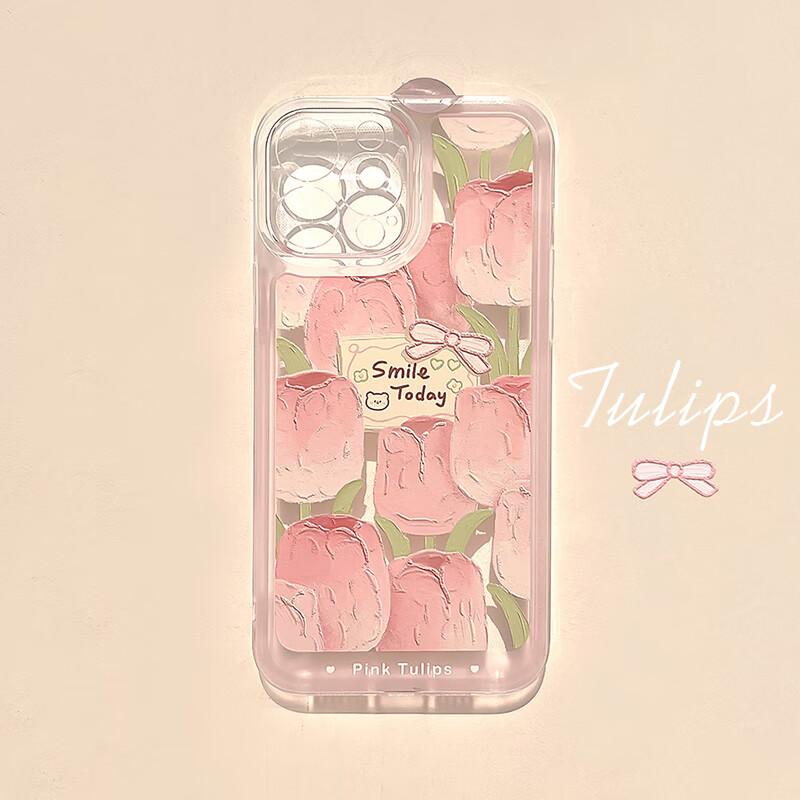 IPhone 13 Case, Full Protection Shockproof Cover, Creative Transparent Painted Oil Painting Card Tulip Desig
