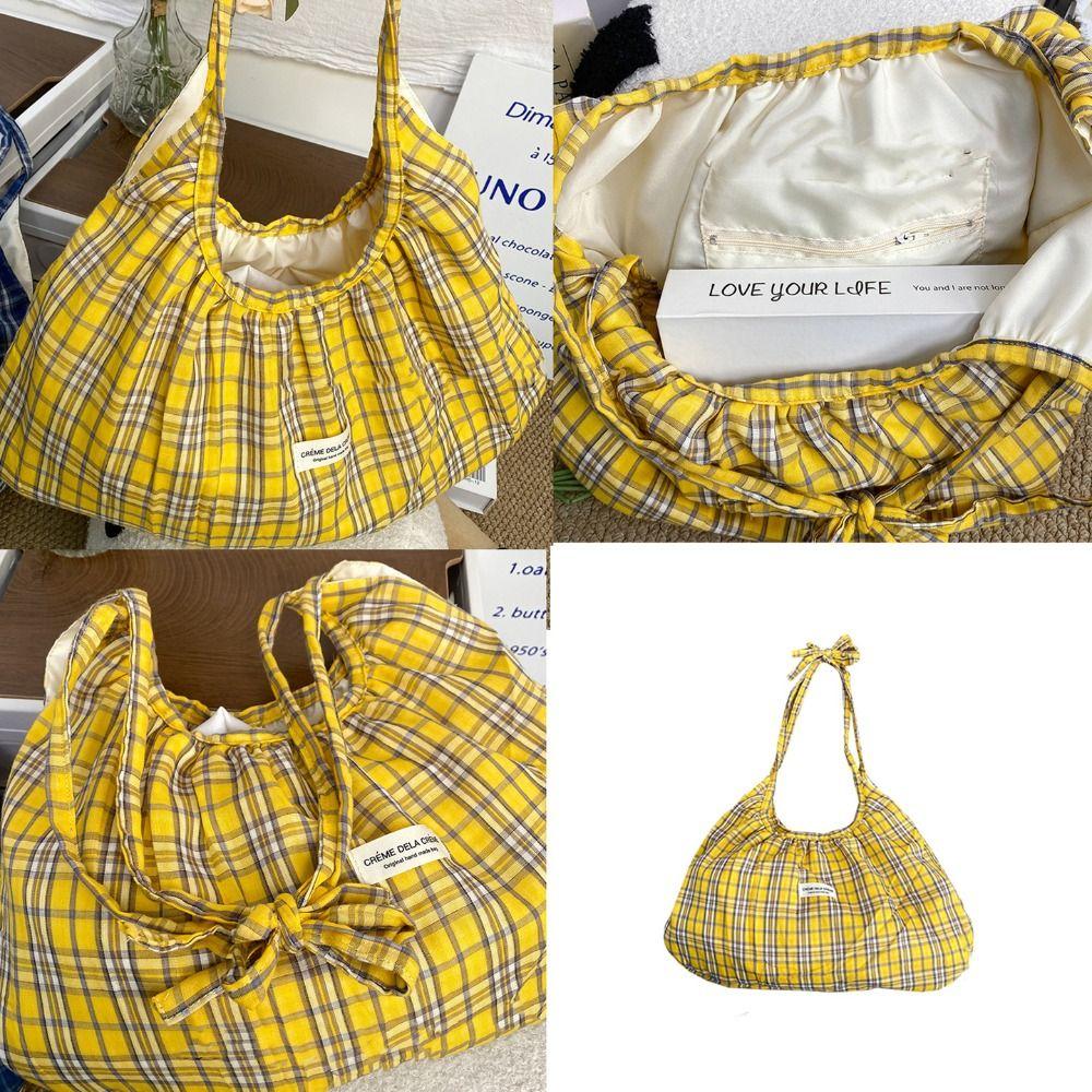 Retro Korean Style Plaid Crossbody Bag Prined Lightweight Pleated Shoulder Bag Large Capacity Canvas Dumpling Bag Daily
