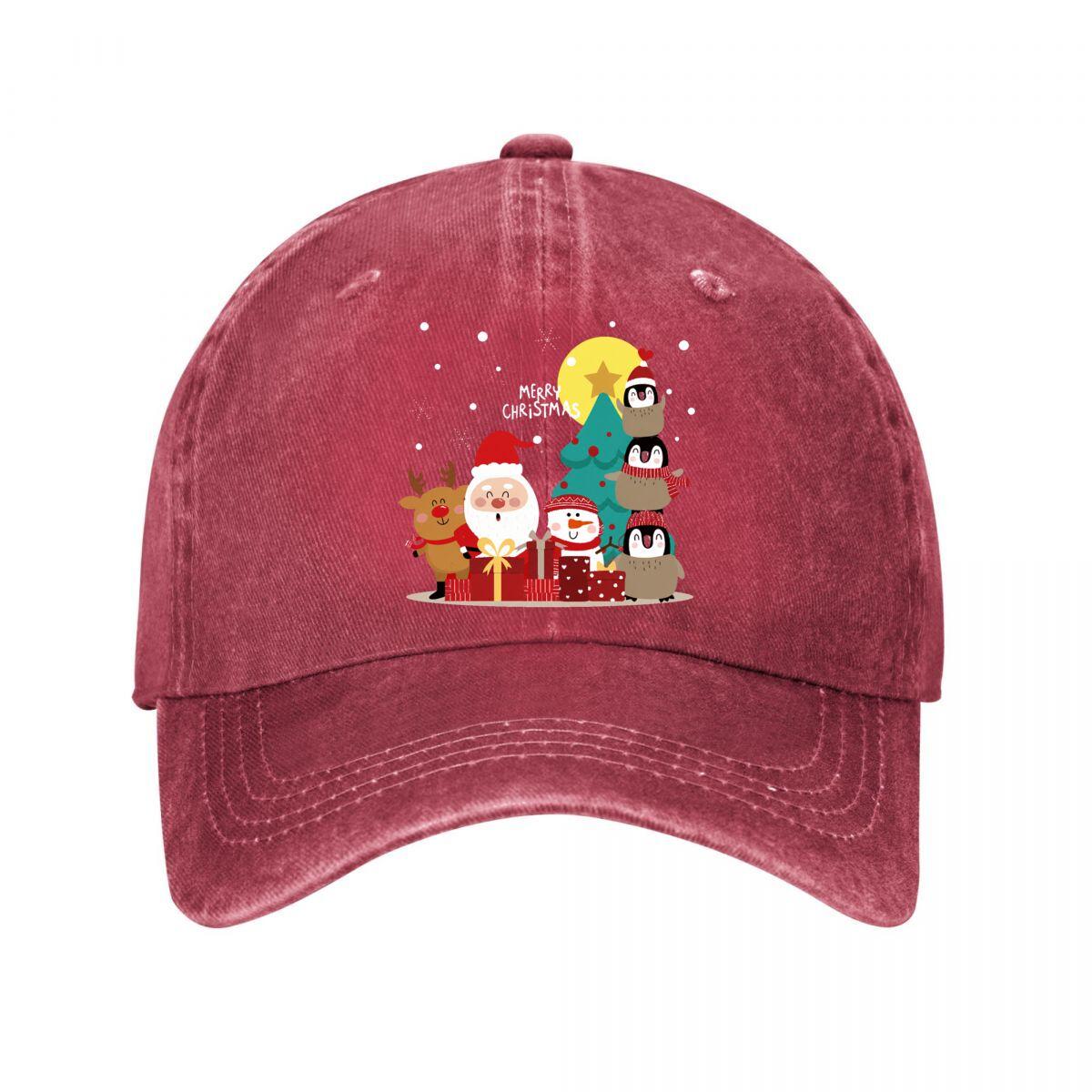 Merry Christmas Santa Reindeer SnowUnisex Penguins Tree Gifts Washed Baseball Cap Outdoor For Womens Unisex FeUnisex One Size