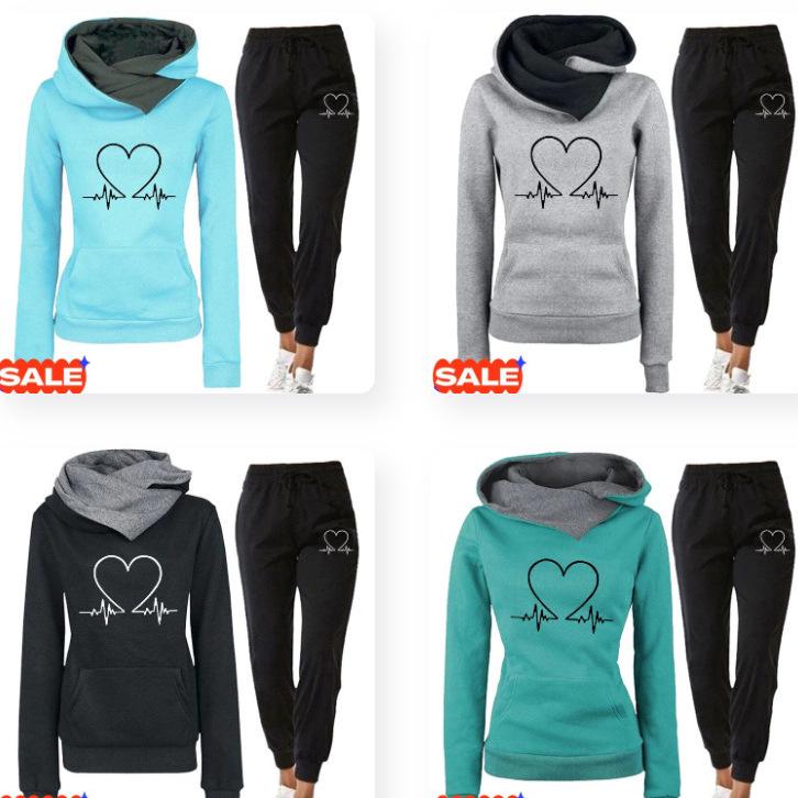 Women's Heartbeat Print Hoodie & Sweatshirt Set - Casual Sportswear for Spring & Autumn