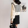 2025 Autumn Black & White Striped Puff Sleeve Sweater Knitwear Top