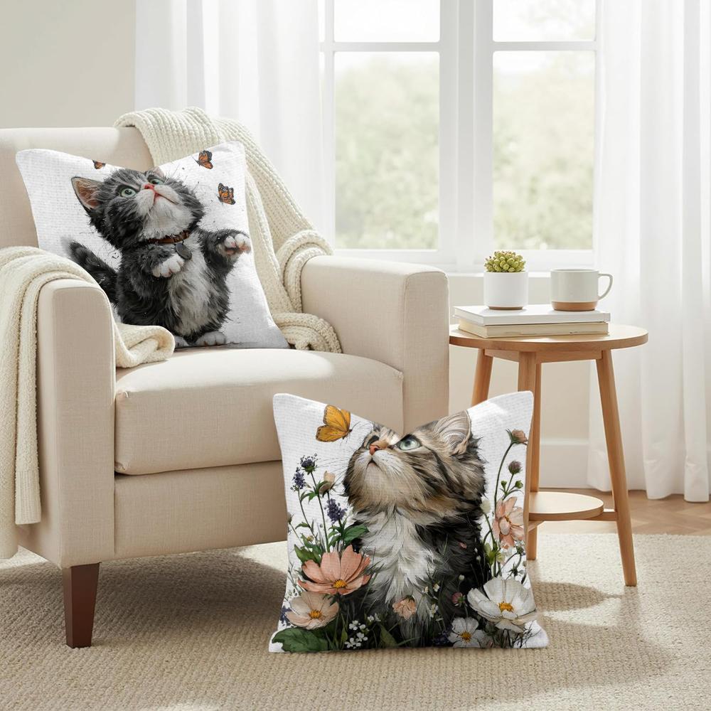 Cute Cat and Flower Cushion Cover Natural Linen Organic Fabric DoubleSided Printing Couch Pillow Covers Home Decor