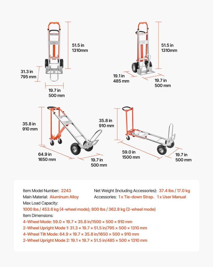 4-i-1 Handkärra, 453,6 kg Lastkapacitet i 4-hjulsläge, Konvertibel Handkärra Dolly med Halkfritt Handtag & Hjul, Bärbar av Aluminiumlegering