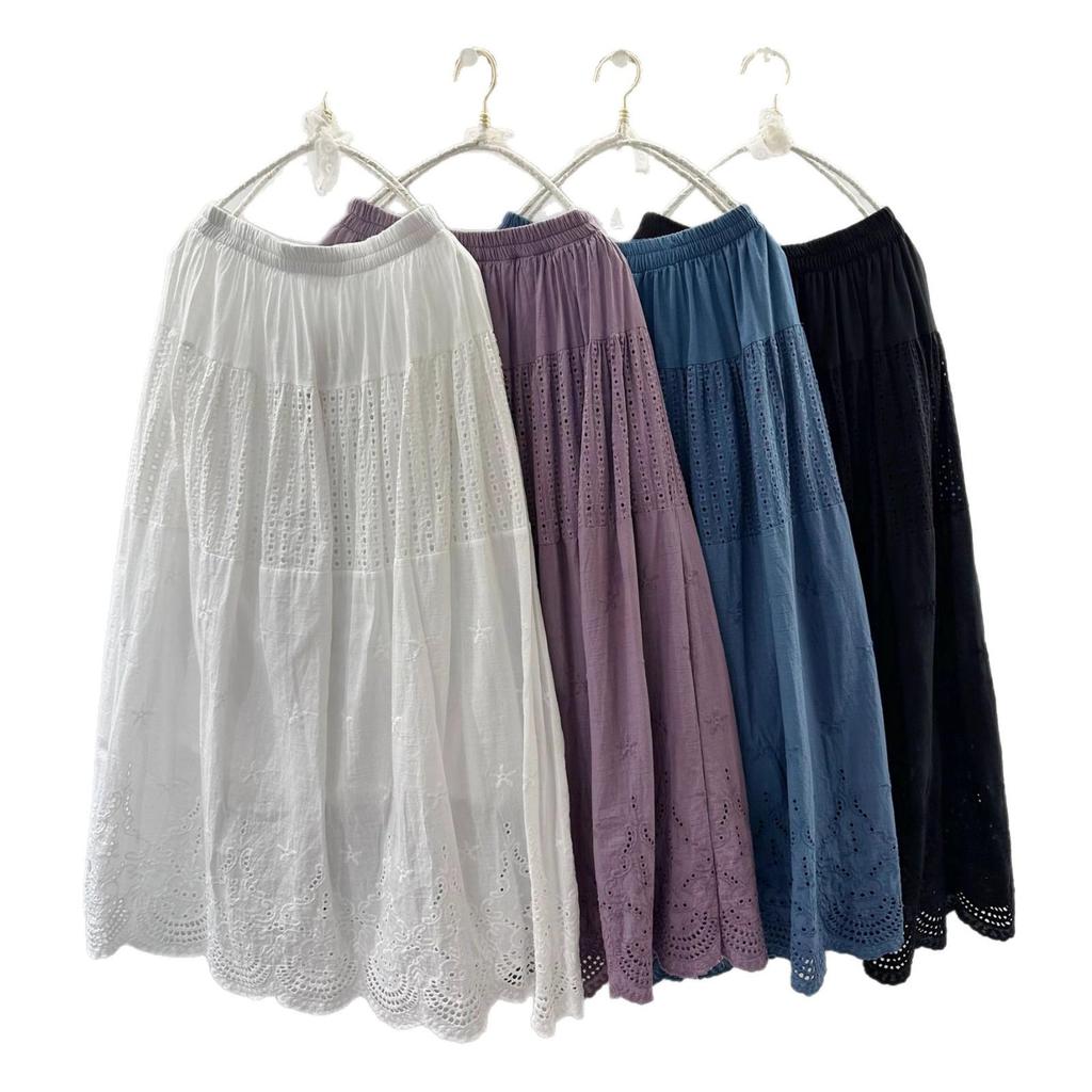 Japanese Inspired Cotton Embroidered A-line Midi Skirt for Spring and Summer